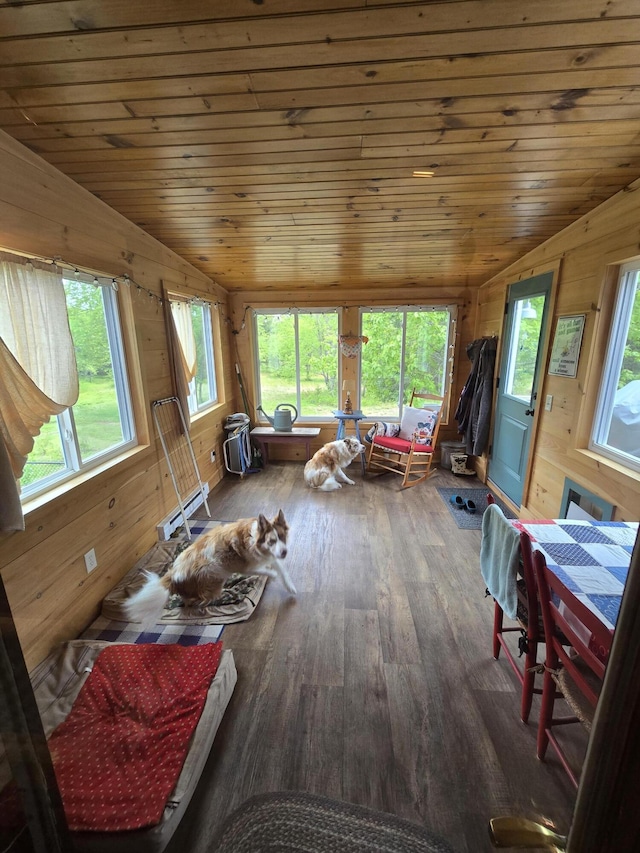 13 Bishop Farm Rd, Brownfield, ME 04010 - living area featuring lofted ceiling, wood walls, wood finished floors, and wood ceiling