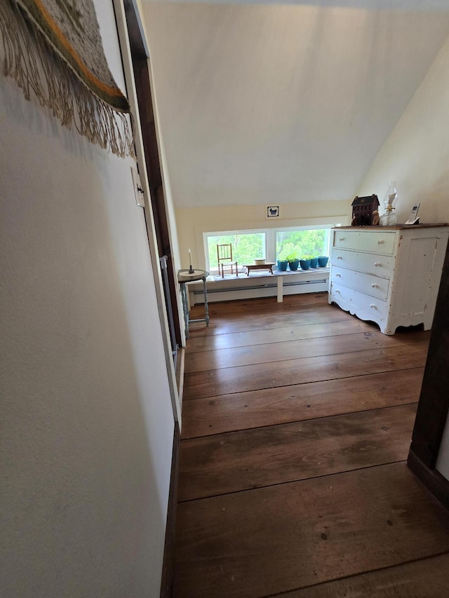 13 Bishop Farm Rd, Brownfield, ME 04010 - corridor featuring dark wood-style flooring, vaulted ceiling, and a baseboard radiator