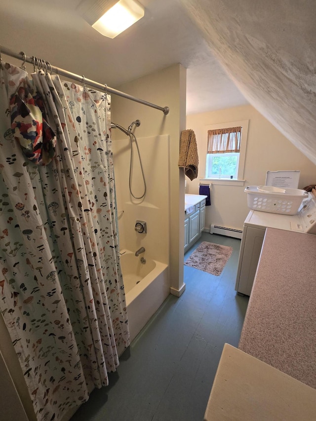 13 Bishop Farm Rd, Brownfield, ME 04010 - bathroom featuring a baseboard radiator, vanity, lofted ceiling, and shower / bathtub combination with curtain