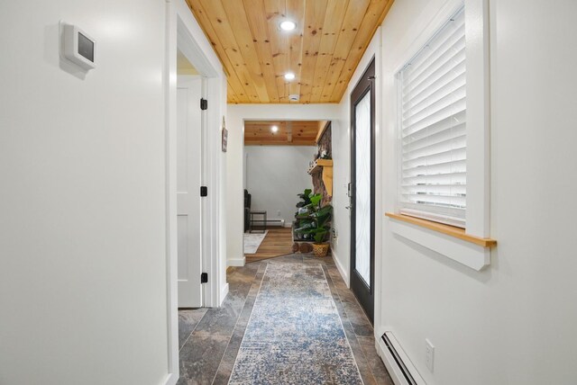 7 Scenic View Dr, Naples, ME 04055 - hallway with wooden ceiling, recessed lighting, stone tile floors, baseboards, and baseboard heating