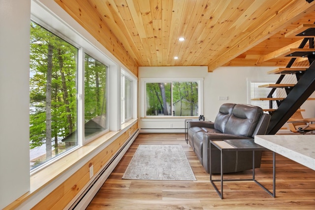 7 Scenic View Dr, Naples, ME 04055 - living area featuring a baseboard radiator, recessed lighting, wooden ceiling, and wood finished floors