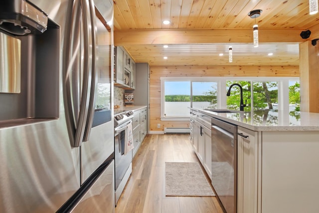 7 Scenic View Dr, Naples, ME 04055 - kitchen with appliances with stainless steel finishes, a sink, recessed lighting, wood ceiling, and a baseboard radiator