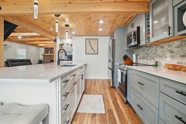 7 Scenic View Dr, Naples, ME 04055 - kitchen featuring stainless steel appliances, wooden ceiling, a sink, gray cabinets, and light wood-style floors