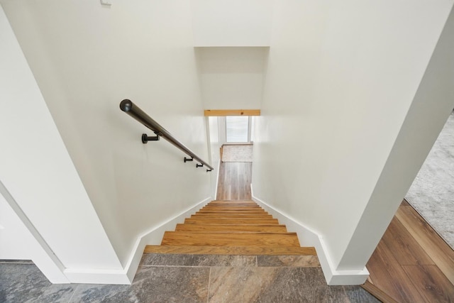 7 Scenic View Dr, Naples, ME 04055 - stairway with baseboards, wood finished floors, and a high ceiling