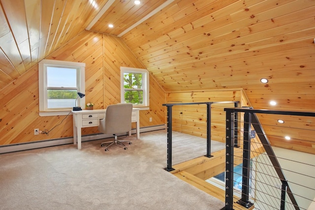 7 Scenic View Dr, Naples, ME 04055 - office area featuring vaulted ceiling, wood ceiling, wood walls, recessed lighting, and a baseboard radiator