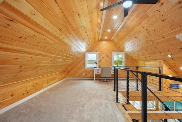 7 Scenic View Dr, Naples, ME 04055 - additional living space with wooden walls, wooden ceiling, lofted ceiling, ceiling fan, and carpet floors