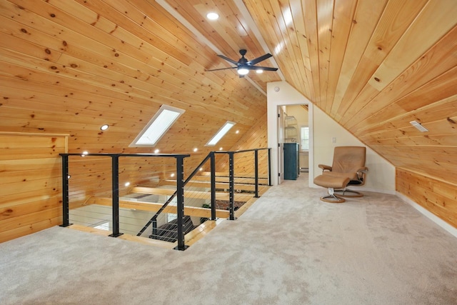 7 Scenic View Dr, Naples, ME 04055 - bonus room with carpet flooring, wood walls, wooden ceiling, lofted ceiling, and a ceiling fan