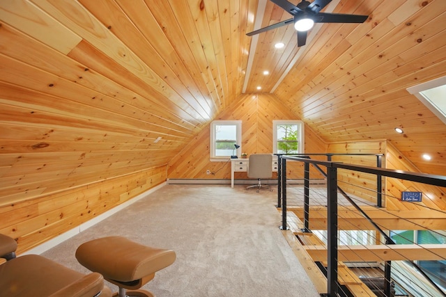 7 Scenic View Dr, Naples, ME 04055 - bonus room with wood walls, wood ceiling, lofted ceiling, ceiling fan, and carpet