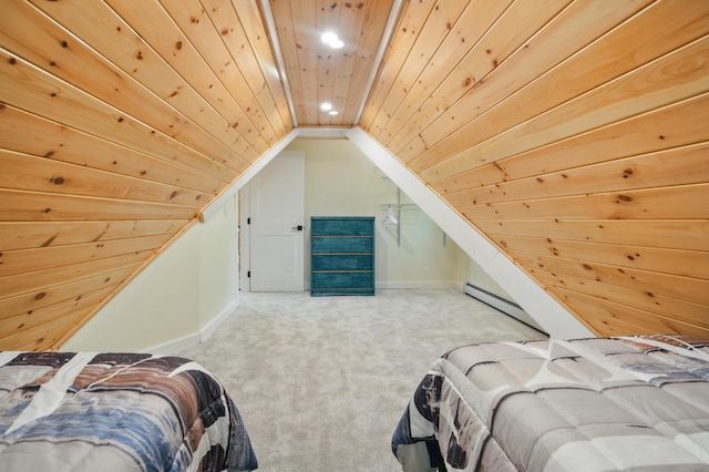 7 Scenic View Dr, Naples, ME 04055 - carpeted bedroom with baseboard heating, lofted ceiling, wood ceiling, and baseboards