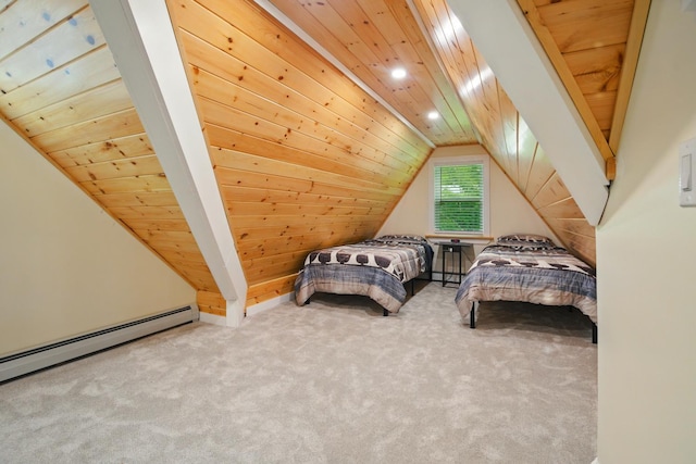 7 Scenic View Dr, Naples, ME 04055 - carpeted bedroom featuring a baseboard radiator, wooden ceiling, vaulted ceiling, and recessed lighting