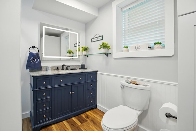 7 Scenic View Dr, Naples, ME 04055 - half bathroom with wainscoting, wood finished floors, toilet, and vanity