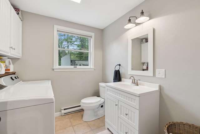 7 Apple Ledge Dr Unit 7A, Portland, ME 04103 - bathroom featuring a baseboard radiator, washing machine and clothes dryer, toilet, vanity, and tile patterned floors