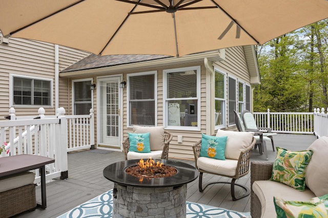 30 Maxfield Dr, Orono, ME 04473 - wooden terrace featuring an outdoor living space with a fire pit