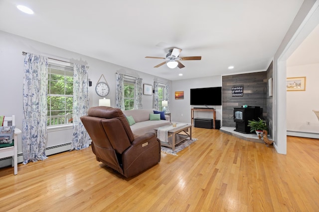 30 Maxfield Dr, Orono, ME 04473 - living area with light wood-style floors, ceiling fan, a wood stove, recessed lighting, and a baseboard radiator