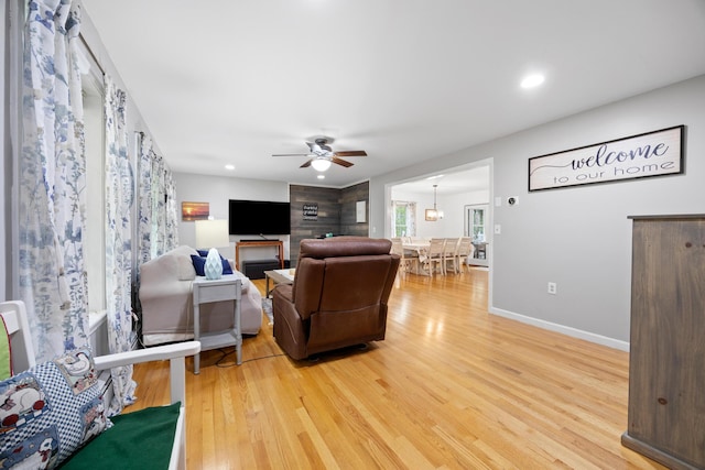 30 Maxfield Dr, Orono, ME 04473 - living room with light wood-style flooring, a ceiling fan, baseboards, and recessed lighting