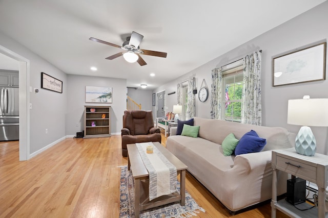 30 Maxfield Dr, Orono, ME 04473 - living area featuring ceiling fan, light wood finished floors, stairway, recessed lighting, and baseboards