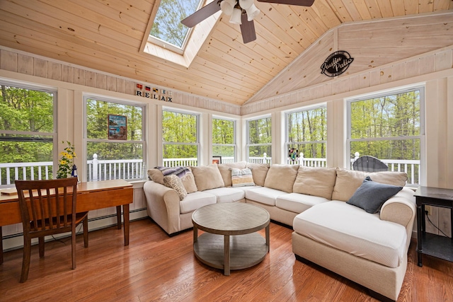 30 Maxfield Dr, Orono, ME 04473 - living room featuring vaulted ceiling, wood ceiling, a ceiling fan, a baseboard radiator, and healthy amount of natural light