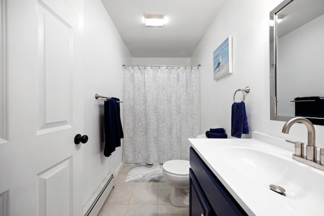 30 Maxfield Dr, Orono, ME 04473 - bathroom with a baseboard radiator, toilet, vanity, tile patterned floors, and a shower with curtain
