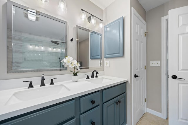 30 Maxfield Dr, Orono, ME 04473 - bathroom featuring tiled shower, double vanity, and tile patterned floors