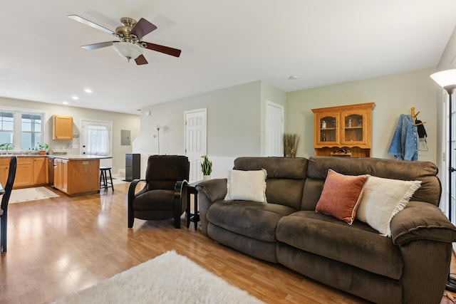 32 Edgefield Ln Unit 5, Brunswick, ME 04011 - living room featuring light wood-type flooring, ceiling fan, recessed lighting, and electric panel