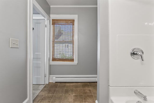 130 W Broadway, Bangor, ME 04401 - full bathroom with a baseboard heating unit, crown molding, tile patterned floors, and bathing tub / shower combination