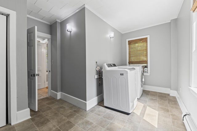 130 W Broadway, Bangor, ME 04401 - laundry room with crown molding, separate washer and dryer, and a baseboard radiator