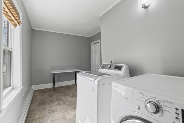 130 W Broadway, Bangor, ME 04401 - laundry room with separate washer and dryer, baseboard heating, and crown molding