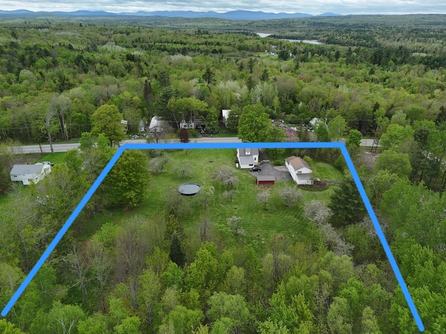 90 W Main St, Milo, ME 04463 - aerial view of property's location featuring a forest, property parcel outlined, and a mountain backdrop