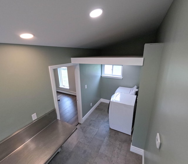 90 W Main St, Milo, ME 04463 - washroom featuring a baseboard heating unit, separate washer and dryer, recessed lighting, and baseboards