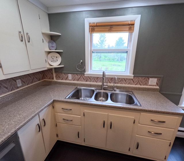90 W Main St, Milo, ME 04463 - kitchen with a sink, decorative backsplash, white cabinets, and open shelves