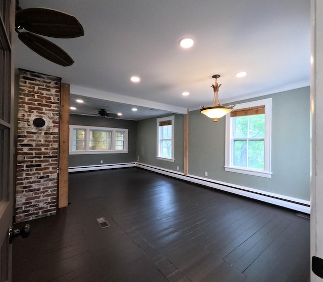 90 W Main St, Milo, ME 04463 - unfurnished living room featuring dark wood-style floors, ceiling fan, recessed lighting, a baseboard radiator, and baseboard heating