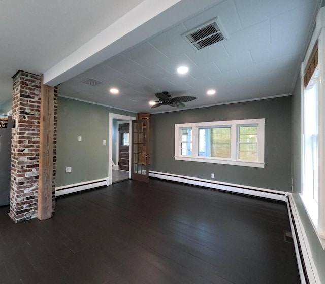 90 W Main St, Milo, ME 04463 - unfurnished living room with a baseboard radiator, crown molding, wood finished floors, recessed lighting, and baseboards