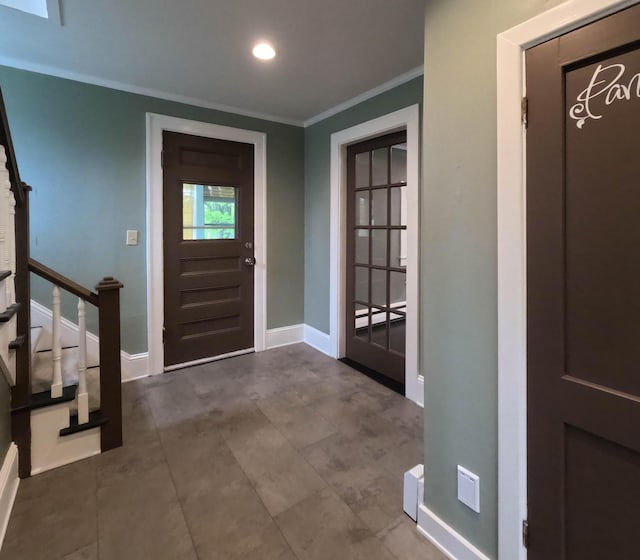 90 W Main St, Milo, ME 04463 - entryway with crown molding, baseboards, stairway, and recessed lighting