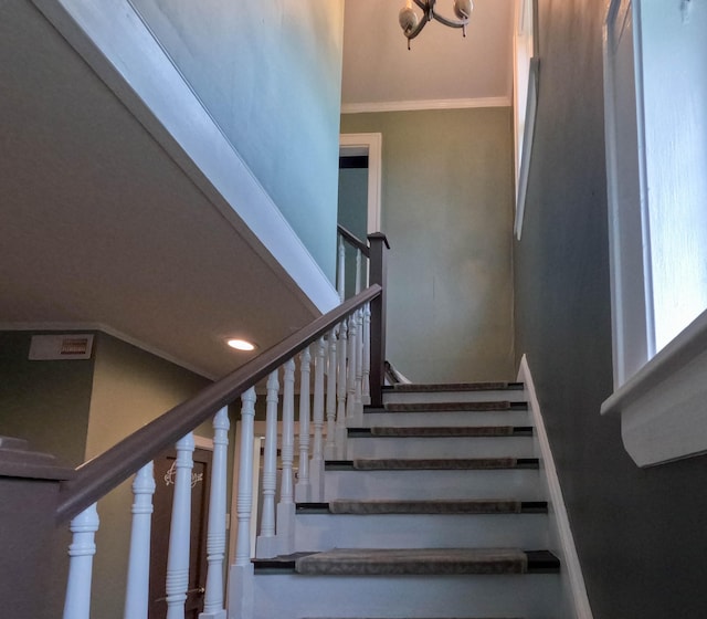 90 W Main St, Milo, ME 04463 - stairs featuring ornamental molding and recessed lighting