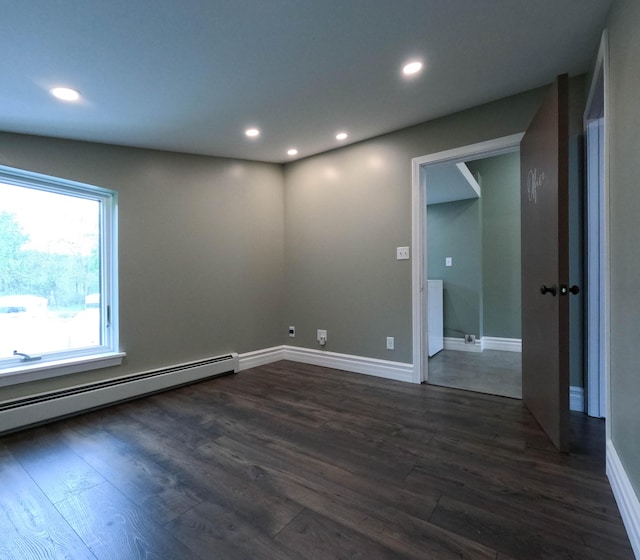 90 W Main St, Milo, ME 04463 - unfurnished room featuring dark wood-type flooring, recessed lighting, a baseboard radiator, and baseboards