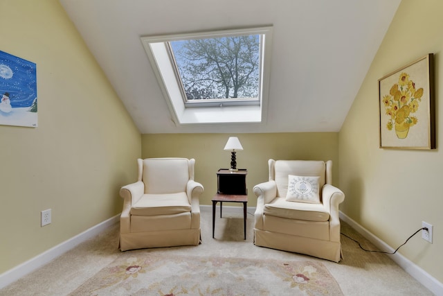 2 Round Cove Ln Unit 2, Phippsburg, ME 04562 - sitting room featuring a skylight, carpet floors, vaulted ceiling, and baseboards