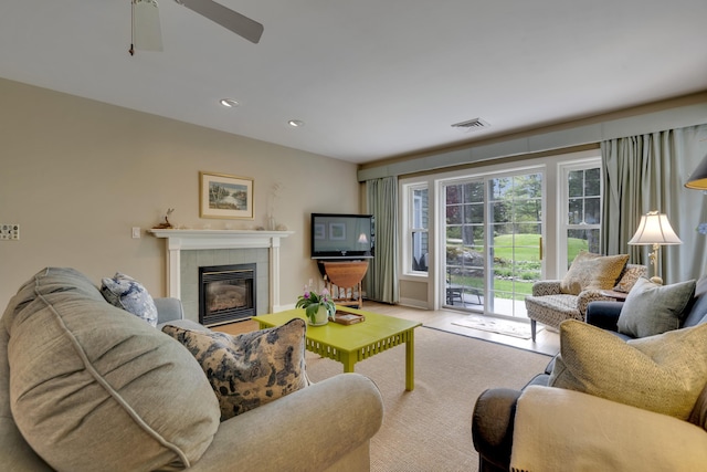 2 Round Cove Ln Unit 2, Phippsburg, ME 04562 - living room with a tiled fireplace, ceiling fan, and recessed lighting