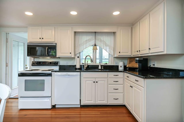 17 Bank Rd, York, ME 03909 - kitchen featuring white appliances, a sink, white cabinetry, dark wood finished floors, and recessed lighting