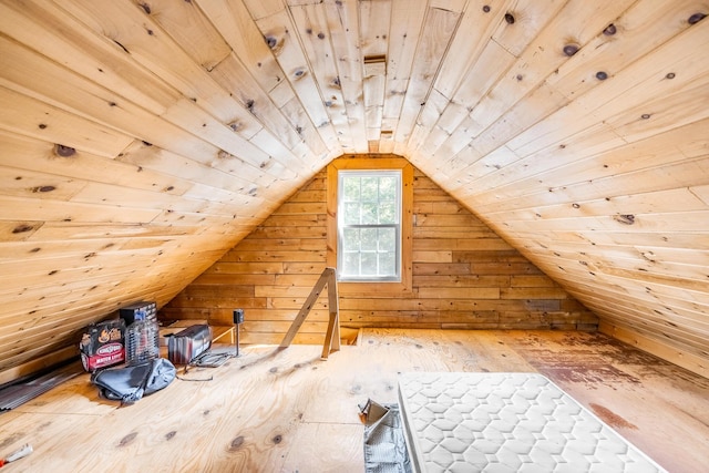 639 Main St, Springfield, ME 04487 - additional living space featuring lofted ceiling, wooden walls, wood-type flooring, and wooden ceiling