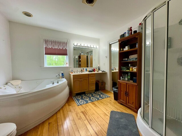 224 E Waterman Rd, Auburn, ME 04210 - full bathroom featuring a whirlpool tub, vanity, a shower stall, hardwood / wood-style flooring, and toilet