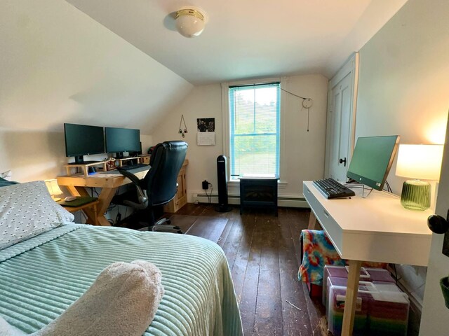 224 E Waterman Rd, Auburn, ME 04210 - bedroom with hardwood / wood-style floors, lofted ceiling, a desk, and a baseboard heating unit