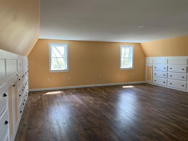 38 Cove Ln, Union, ME 04862 - additional living space with lofted ceiling, dark wood-type flooring, plenty of natural light, and baseboards