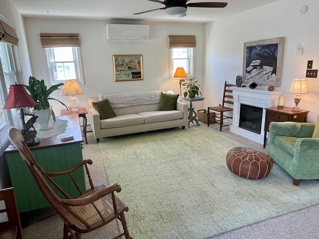 72 Winship St, Bath, ME 04530 - living area featuring a wall mounted air conditioner, carpet flooring, ceiling fan, and plenty of natural light
