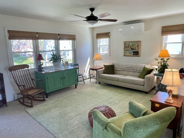 72 Winship St, Bath, ME 04530 - living room featuring an AC wall unit, light carpet, a baseboard heating unit, a baseboard radiator, and ceiling fan