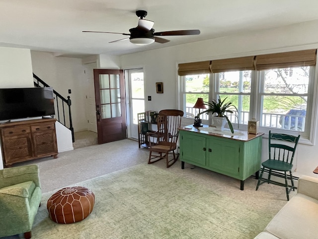 72 Winship St, Bath, ME 04530 - living area featuring stairway, a ceiling fan, and light carpet