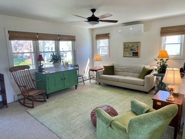 72 Winship St, Bath, ME 04530 - living room featuring a baseboard radiator, light colored carpet, a wall unit AC, and a ceiling fan