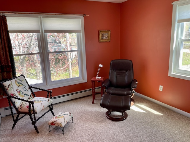 72 Winship St, Bath, ME 04530 - sitting room featuring carpet floors, baseboard heating, and baseboards