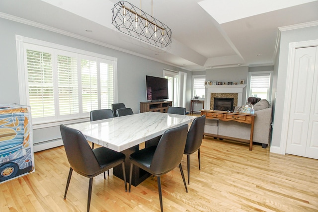 9 Camden Ct Unit 9, Bangor, ME 04401 - dining room with light wood-style floors, crown molding, a raised ceiling, a baseboard radiator, and a fireplace