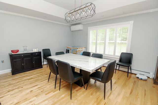 9 Camden Ct Unit 9, Bangor, ME 04401 - dining area with light wood-type flooring, a baseboard radiator, an AC wall unit, ornamental molding, and a baseboard heating unit