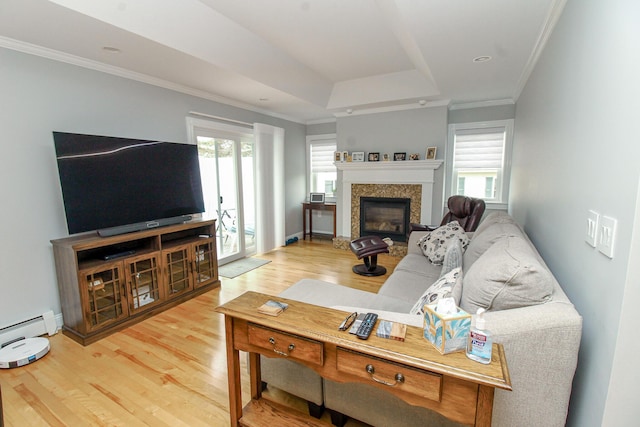 9 Camden Ct Unit 9, Bangor, ME 04401 - living room with wood finished floors, ornamental molding, a glass covered fireplace, a baseboard heating unit, and a raised ceiling